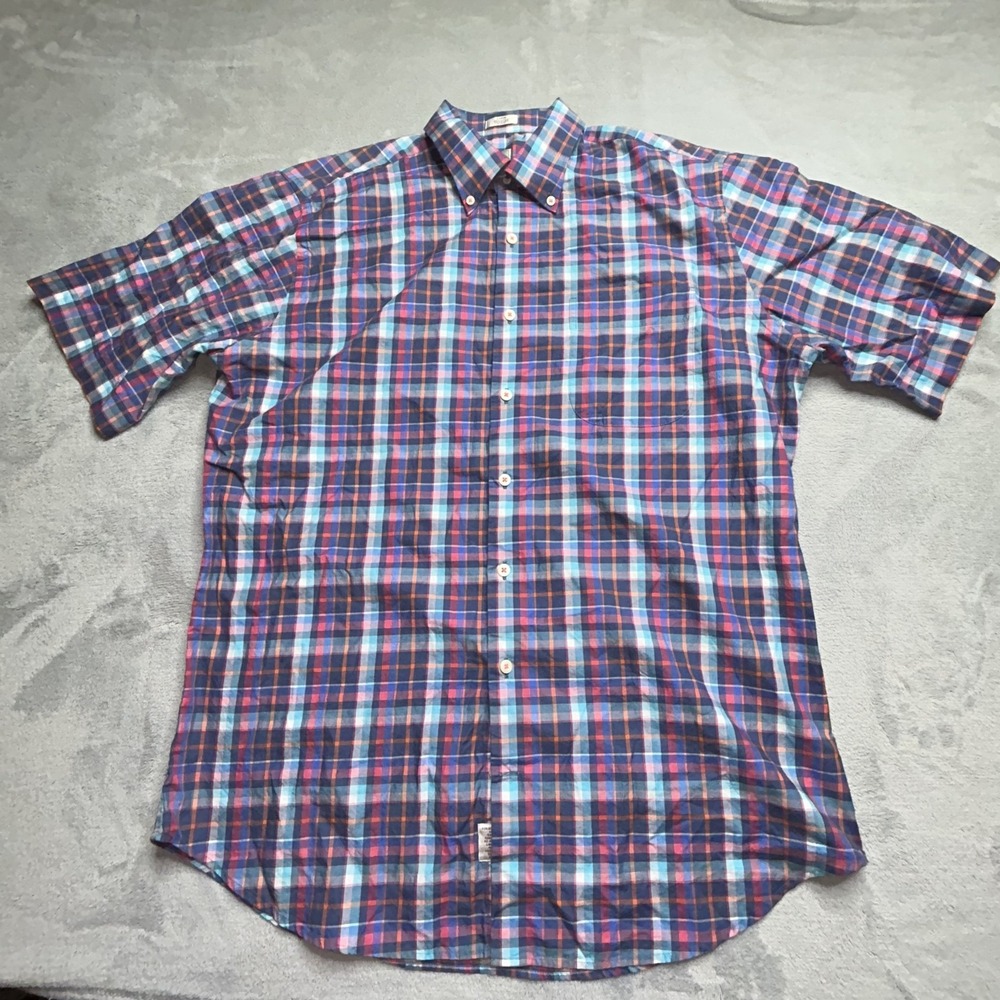 Peter Millar Mens Large Multi Color Plaid Short Sleeve Button Down Cotton Shirt